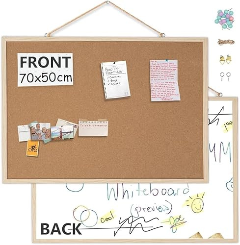 EasyVibe Korkbräda, kombo, dubbelsidig, 1-pack, 70 x 50 cm korkbrädor för väggar med träram, anslagstavla, fram och torr raderbar baksida, tackbräda för hem, kontor, skola