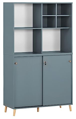 Lomadox Büroschrank abschließbar auf Massivholz Füßen in blau, B/H/T: ca. 100,1/175,2/41 cm