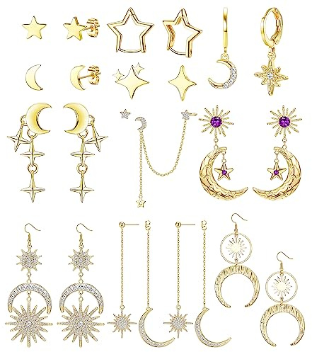 Kakonia 11Paar Stern Mond Ohrringe für Damen Ohrringe Sterne Gold Ohrstecker Silber Edelstahl Star Earrings Helix Knorpel Piercings Ohrringes Hypoallergene Sonne Hängend Kette Creolen Set Damen