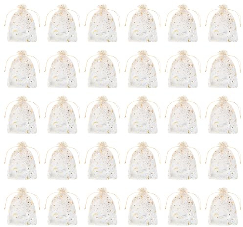 Rumyve Small Mesh Jewelry Bag - Moon Star Pattern Wedding Favor Gift - 30 PCS Organza With Drawstring for Wedding, Birthday, Christmas, Halloween (White)