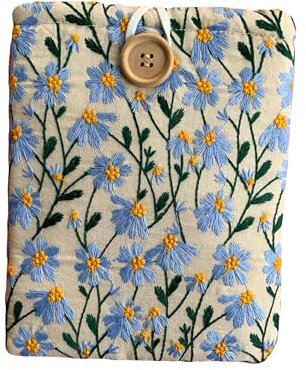 Embroidered Fabric Sleeve for Kindle Paperwhite, Kindle Basic, Kobo Clara 2E, Boox Palma, Nook Glowlight – Protective Cloth Cover for Tablets & E-Readers Handcrafted - Blue & Beige Daisy
