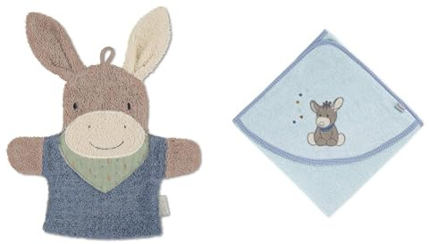 Sterntaler Spiel-Waschhandschuh Emmilius & Baby Handtuch Kapuze - Kapuzenhandtuch EMMI - Badeponcho- 100% Baumwolle, schnell trocknend - Badetuch mit Kapuze