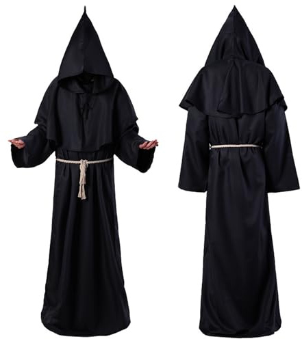 HYDTQCL Costume Monaco, Abito da Monaco, Frate Medievale Abito Talare Costume Mantello con Cappuccio, con Collana a Croce & Corda in Vita, Saio Medievale Costume Carnevale Uomo (XL)