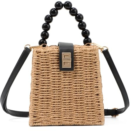 Syrads Femmes Sac à bandoulière en paille tissée à la main Sac à main de plage d’été,Kaki