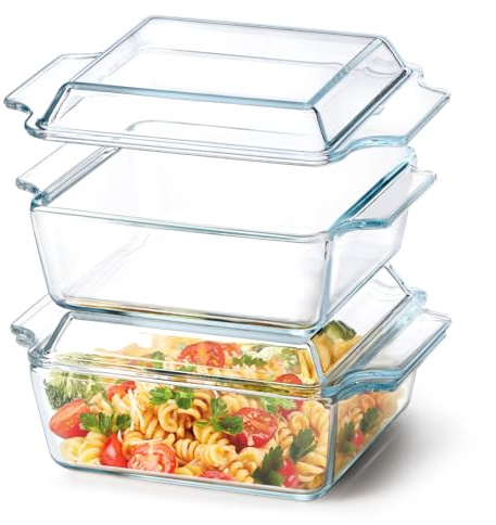 Set of 2 Glass Casserole Dish With Glass Lid, Square 6in x 6in Glass Baking Dish Oven Safe, Mini Casserole Dish with Lid