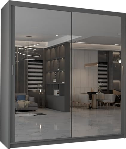 MN Furniture Edinburgh Sliding Door Wardrobe with Full-Length Mirror, Shelves & Hanging Rails, Bedroom Storage Cabinet (Grey, 203cm)