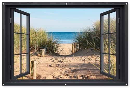 MuchoWow© Gartenposter Groß XXL Outdoor Bilder Gartendeko für draußen | 180x120 cm - Wetterfest Sichtschutz Garten Deko PVC Banner Bild Fensterblick - Strand - Meer - Sand - Wasser