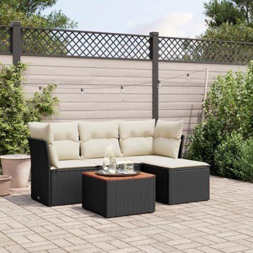 Rantry 5-TLG. Garten Sofagarnitur mit Kissen Gartensofa mit Stauraum Gartenlounge Balkonmöbel Gartenmöbel Loungesofa Rattansofa Sitzgruppe mit Gartentisch Ecksofa Gartenset Schwarz Poly Rattan