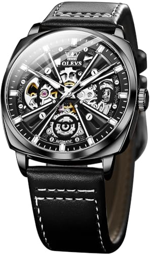 OLEVS Watch for Men Automatic Skeleton Mechanics Self Winding Luxury Stylish Leather Strap