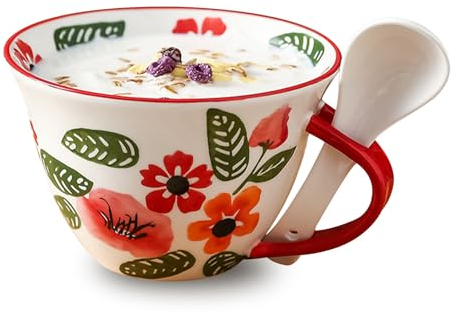 Dowbom Suppentasse mit Griff und Löffel, Frühstücksschale für Müsli, Suppenschüssel, mikrowellengeeignet, Suppenschüssel (Rot, 595 ml)