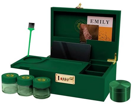 Chiko Chako® Premium Bambus Box – Abschließbare Holzbox mit Zahlenschloss inkl. Kräutermühle Zubehör & 3 Vorratsgläsern | Geschenkset für den Freund | Grün