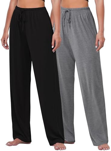 FEQO 2 Pack Women's Lounge Pants Wide Leg Yoga Pants Soft Pajama Bottoms Casual Loose Sweatpants Drawstring Yoga Pants, XXL(Black,Gray)