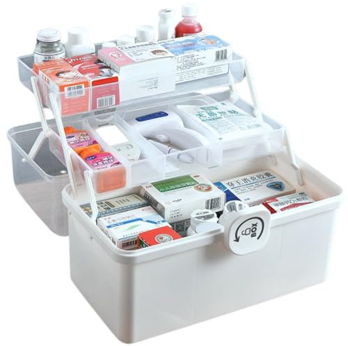 ZAXER - Dreischichtiges Medikamentenbehältnis - Tragbares Medikamentenbehältnis - Erste-Hilfe-Set - Hausapotheke - Großer Organizer - Medikamentenbehälter - Mit Tragegriff - weiß - 34 x 21 x 19 cm