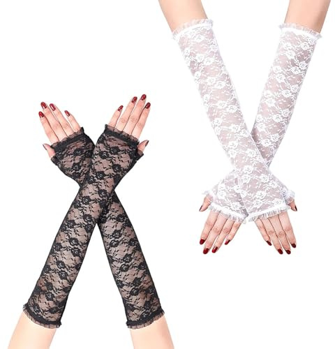 AWAVM Guantes de encaje floral sin dedos con protección UV, mangas de brazo de encaje, suaves y elegantes, codos largos de ópera, mangas de seda, guantes de conducción de verano para boda, graduación,