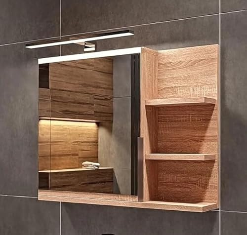 FreshYou Spiegelschrank 60x50 Sonoma Eiche, Badezimmerschrank mit Ablagen, Badezimmerspiegel, Hängeschrank LED Lampe - Recht