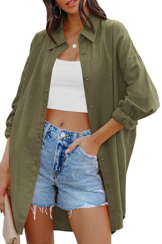 Cicy Bell Women's Blouse Oversized Long Sleeve Button Down Shirts Casual Cotton Top with Pockets, Army Green, L