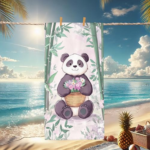 Cute Panda Microfiber Beach Towel Floral Bamboo Design, Quick Dry Absorbent Soft Sand Free Lightweight Blanket, Ideal for Vacation Pool Picnic Gym Outdoor Travel Essentials 70x35 Inch