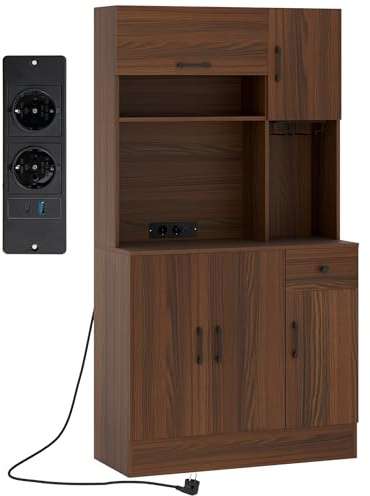 KOMFOTTEU Buffet de Cuisine avec Station de Charge, Armoire Haute avec Tiroir et Cubes Semi-Ouvertes, Meuble Cuisine, Étagères réglables, 5 Armoire à Portes, 90 x 39 x 167 cm (Noyer)