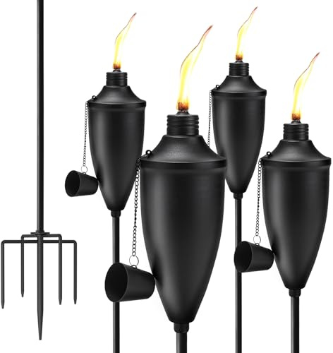 XINWXSS Home Garden Torch Set of 4, Large Capacity 22oz Outdoor Metal Torch Garden Décor, 61 in Upgraded Citronella Torches with 5-Prong Grounded Stake, Torches for Party Patio Pathway
