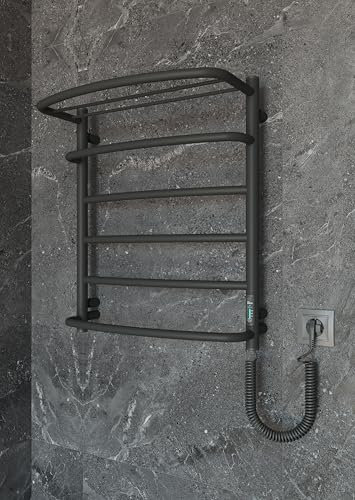 Elna Scaldasalviette Nero - 127W - 610x530mm - Elettrico con Portasciugamani - Compatto e Opaco - Acciaio Inox - Con Termostato, Timer & Eco - IP44 - Montaggio a parete