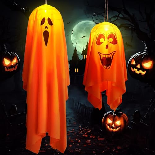 ZZXLOPEZ Fantasmi Appeso di Halloween, 2 Pezzi Puntello di Halloween Fantasma Appeso Scheletro Volante Fantasma, Fantasma Luminoso Appeso, Decorazione di Halloween per Interni ed Esterni per Feste
