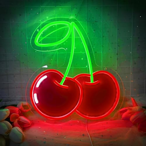 Cherry Neon Sign for Wall Decor Dimmable UV-Printed Fruit LED Neon Lights | USB Powered Vibrant Fruit Themed Light Up Signs for Kids Room Bedroom Restaurant Bar Club Fruit Shop Birthday Party