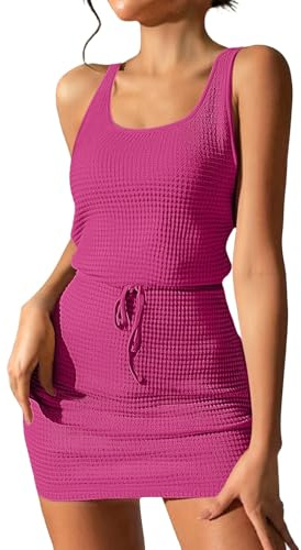 Robe d'été pour femme, robe gaufrée, sans manches, col carré, robe crayon moulante avec cordon de serrage, mini robe d'été droite, rose vif, L