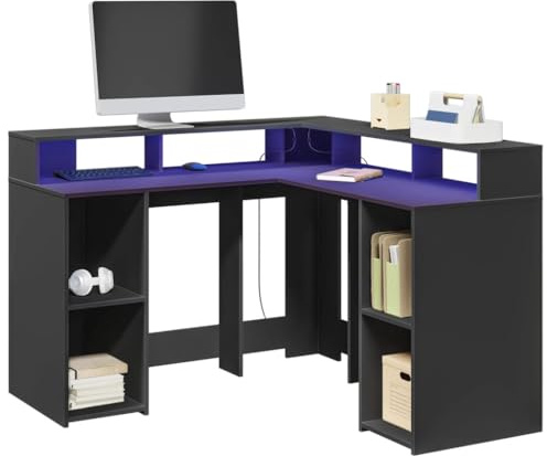 Qnhdfrt LED Schreibtisch L-Form Gaming Desk Schwarz 130x130x91 cm mit RGB-Beleuchtung und 4 Fächern für Homeoffice und Jugendzimmer