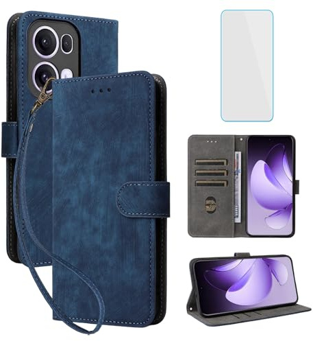RFID Wallet Phone Case for OPPO Reno 13 Pro 5G Reno13Pro Blue | with Screen Protector,Leather Flip Cover,Card Slot,Kickstand,Women Men Mobile Phone Case for OPPO Reno13 Pro Reno13Pro