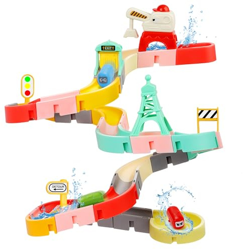 JoiTale Kids Bath Toys, 47 PCS DIY Bath Track Game Shower Water Toys | Traffic Theme Slideway Toy with Suction Cups & Cars, Bath Time Bathtub Toys for 2 3 4 5 Year Old Boys Girls Toddler