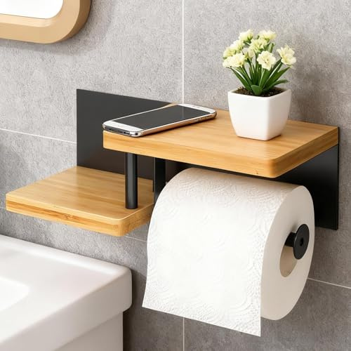 PARFCO Toilettenpapierhalter mit Ablage, Toilettenpapierhalter Ohne Bohren Holz, Toilettenpapierhalter Eiche, Klorollenhalter für Küche und Badzimmer