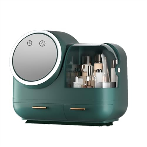NaMaSyo Smink, smink, förvaring, sminkbord, förvaring, smink, sminklåda, skönhet, skincare förvaringslåda, låda med lock, LED-spegel för Dresser badrum, sovrum (grön)