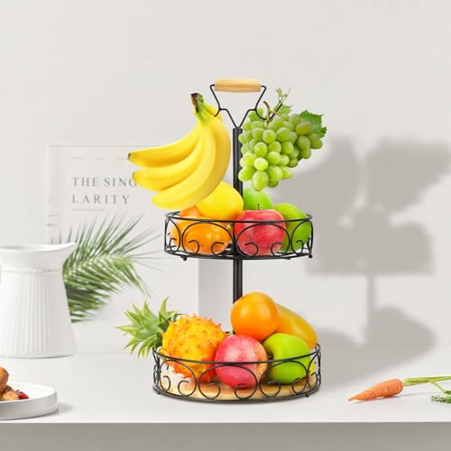 BZUEPRS 2 Tier Countertop Fruit Basket Rack with 2 Banana Hangers, Detachable Metal Kitchen Organizer with Wooden Base, Metal Bowls Perfect for Holding Fruit, Vegetables, Snacks, Cupcakes (Black)