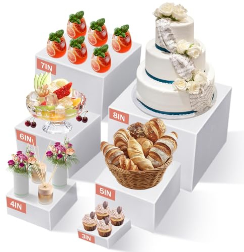 SKJJM 6Pcs Buffet Risers, 3 4 5 6 7 8 White Acrylic Food Display Stand with Hollow Bottoms Nesting, Dessert Table Display Set for Buffet Table, Cake, Weddings, Party, Collectibles and Jewelry