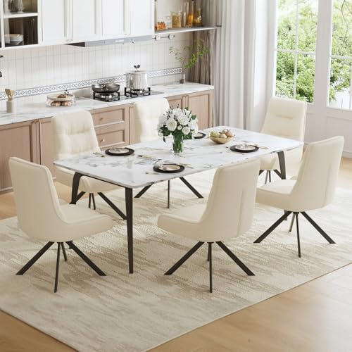 Ckaff Drehstuhl Esszimmer, 6er Set 360° Drehbar Esszimmerstuhl, Küchenstuhl, Polsterstuhl aus Chenille, Schminkstuhl mit Hoher Rückenlehne und Metallbeine für Esszimmer Küche Büro, Beige