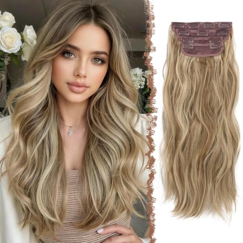 FESHFEN Clip in Extensions, 50cm 4 Stücke Lange Gewellte Blond Hair Extensions Kunsthaar Natürliche 4PCs Synthetik Clip in Haarverlängerung für Frauen, Sonnengeküsste Strähnen