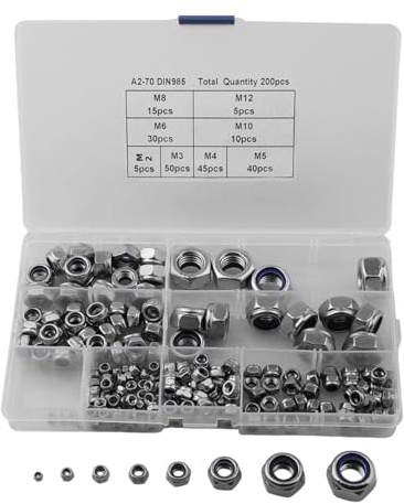 MeevrgR Set di 200 dadi esagonali autobloccanti in acciaio inox con inserto in nylon, 8 misure (M2-M12) per bulloni e barre filettate, resistenti alle vibrazioni