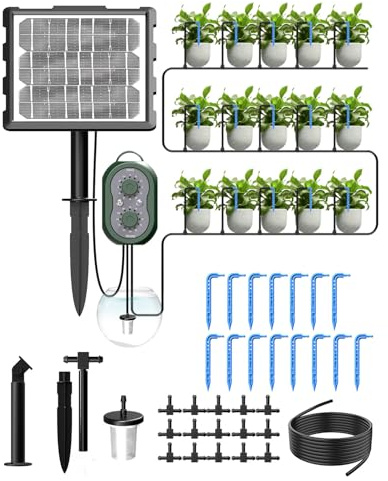 MYMULIKE Solar Bewässerungssystem mit Solar & USB-Dual-Ladung, 15M Automatisches Tropfbewässerungssystem mit 12 Modi & Timer, Pflanzenbewässerung für Topfpflanzen, Garten, Balkon, Gewächshaus
