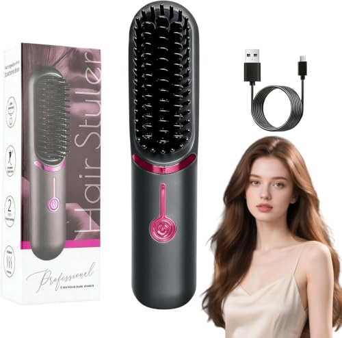 Brosse Lissante pour Cheveux, Lisseur Cheveux Céramique, (Gris) | Portable Sans Fil PTC Chauffage Lisseur, 3 RéGlages De TempéRature, Céramique Anti-BrûLure, pour Voyage & Powerbank