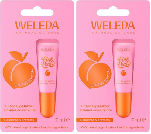 WELEDA Bio Pink Peach Limited Edition Lip Balm - Naturkosmetik Lippenbalsam mit Aprikosenkernöl & Vitamin E – Natürliche Lippenpflege mit Pfirsich/Jasmin Duft für trockene Lippen (vegan, 7 ml)