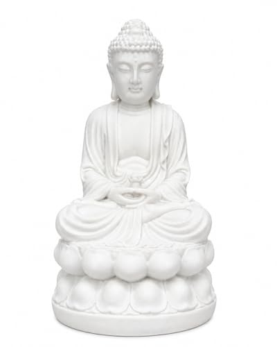 JRose Collections Meditation Buddha Statue Resin Ornament 20cm White Sitting Buddha Figurine Lotus Base Calm Home Décor Yoga Room Ornament Indoor Shelf Decoration JR2518