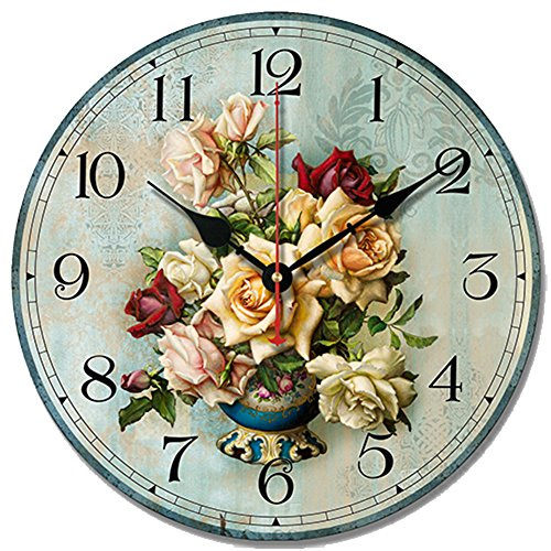 SWHONG Ohne Tickgeräusche Wanduhr,30,5cm Shabby Chic Vintage Blumen Wanduhr Schlafzimmer Wohnzimmer Home Decorations