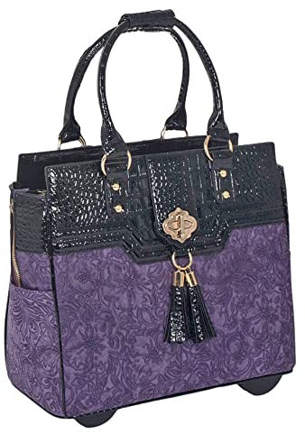 JKM & Company Die Contessa Lila und Schwarz Damen-Trolley / -Handtasche Brieftasche mit Rollen für iPad, Tablet oder Laptop, Alligator-Optik, Schwarz Laptoptrolley