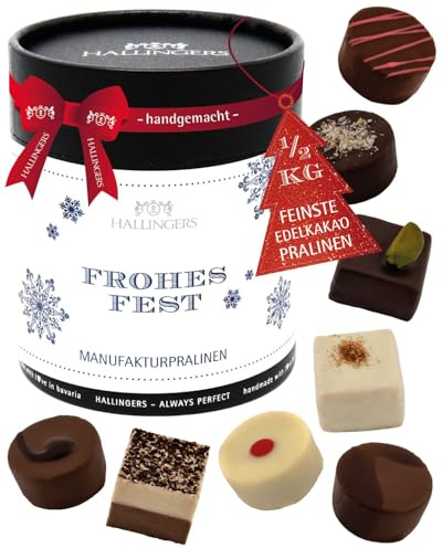 Hallingers Genuss Manufaktur Pralinen Weihnachts-Geschenk - ohne Alkohol, handmade aus Confiserie-Edelkakao in wertiger XXL-Geschenkdose Frohes Weihnach..., Weihnachten für Frauen Männer