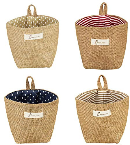 Feelfly 4 PCS Mini Hanging Storage Bags, Cotton Linen Small Storage Basket Wall Hanging Organizer Box Wall Mounted Storage Pocket Collapsible Decor Bin Bag for Room Wall Door Closet (4)
