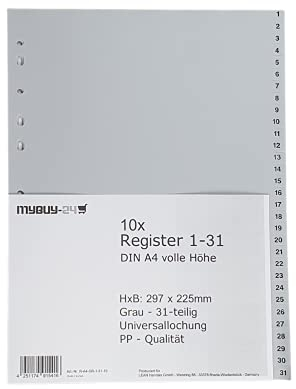 10er Sparpack Register 1-31 A4, volle Höhe, Universallochung PP Kunststoff grau 297 x 225mm Trennblätter Ziffern 1-31