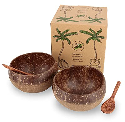 BIOZOYG Ciotole in noce di cocco set da 2 con cucchiai I Jumbo Bowl I 700-800ml I 100% fatte a mano I Riutilizzabili I Biodegradabili I Ciotola in noce di cocco con incisioni in stile Boho