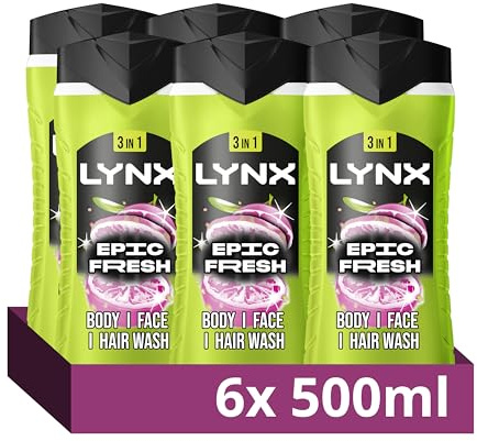 Lynx Epic Fresh 3-in-1 Body Wash Hair, Face and Body Cleanser shower gel with a grapefruit & tropical pineapple scent for an all day fresh & clean feel 6x 500 ml