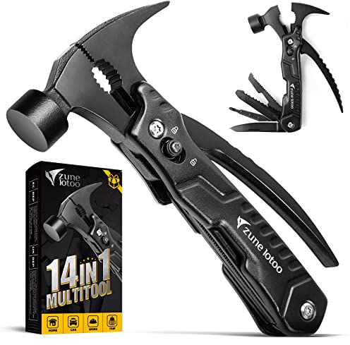 Zune Lotoo Marteau Multifonction, 14 en 1 Portable Compact Multi Usage Outils en Acier Inoxydable avec Marteau Pince Tournevis, Cadeaux pour Hommes Papa Noël Anniversaire (Noir)