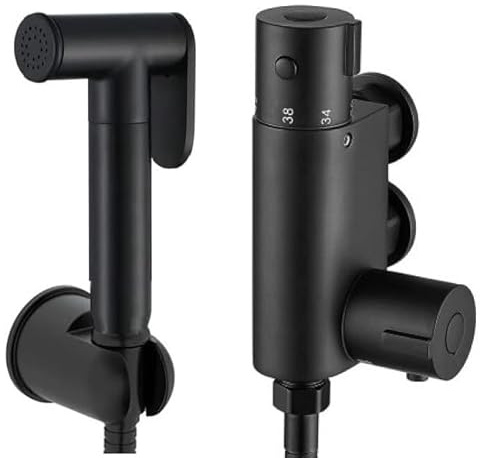 Noir Black Round Douche Thermostatic Bar Valve with Shower Spray Kit Matt Black